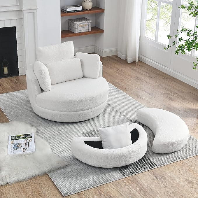 kevinplus Swivel Barrel Chair Accent Chair with Storage Ottoman for Living Room Modern Round Upholstered Single Sofa Couch Chair for Apartment Bedroom Teddy Fabric White (ø39'' x 30.5'')