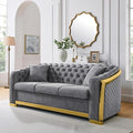 81.1 Velvet Sofa Couch for Living Room Chesterfield Sofa Couch 3 Seater Button Sofa with Stainless Steel Gold Plating Decoration with 2 Pillows Grey &amp Gold
