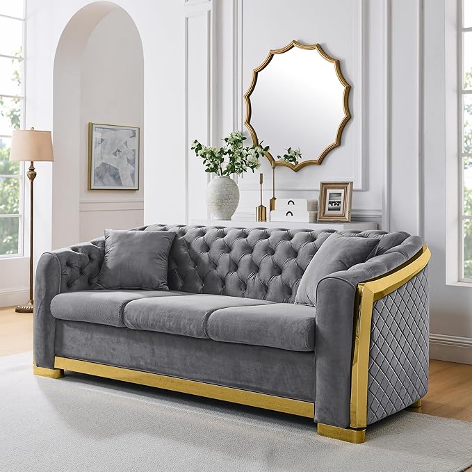 81.1 Velvet Sofa Couch for Living Room Chesterfield Sofa Couch 3 Seater Button Sofa with Stainless Steel Gold Plating Decoration with 2 Pillows Grey &amp Gold