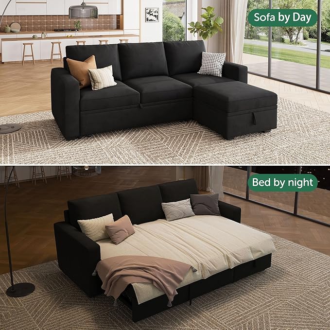 HONBAY Modular Sectional Sleeper Sofa with Pull Out Bed L Shaped Couch with Storage Seat Modular Sectional Couches for Living Room - Black