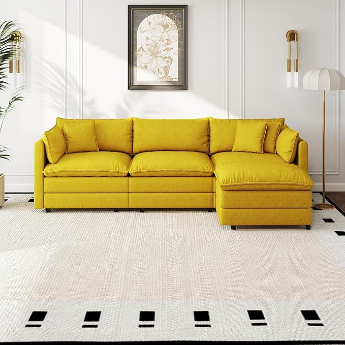 Aoowow Modular Sectional Sofa Modern Convertible L Shaped Couch111.5 Inch Deep 3-Seater Sofas Set Comfy Chenille Cloud Sofas and Couches with Movable Ottoman for Living Room Apartment（Yellow）