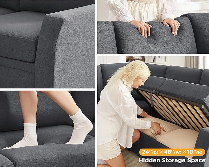 PaPaJet Sleeper Bed 85 Inch Oversized Sofa Bed with Storage Seat L Shaped Sofa Couch with Pull Out Bed Sectional Sofa for Living Room Apartment Linen Grey