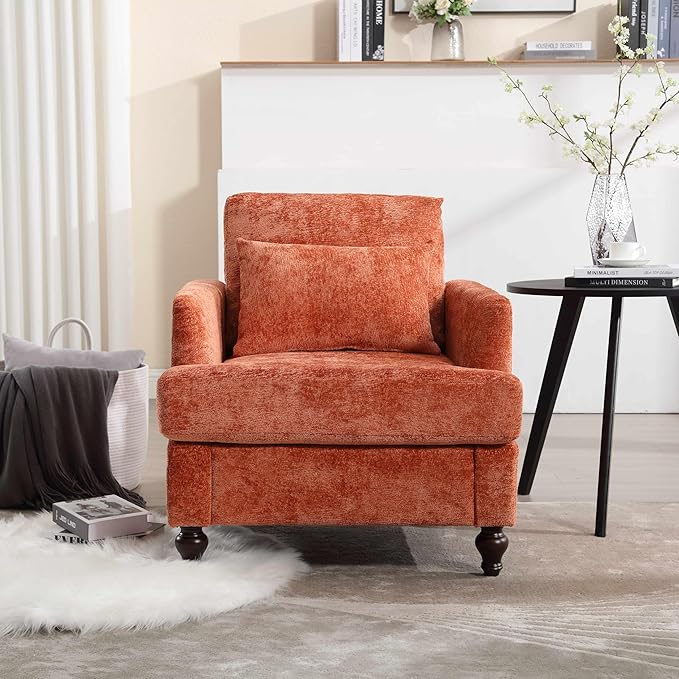 Wood Frame Armchair Modern Accent Chair Lounge Chair for Living RoomTufted Club Chair Mid Century Modern Arm Chairs with Studded Solid Wood Frame for Bedroom Reading (Orange Chenille)
