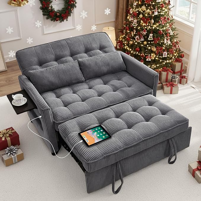 Sleeper Sofa Bed 55‘’ Convertible Pull Out Couch with Small Table| USB Port | Side Pockets | Corduroy Fabric | Adjustable Backrest for Apartment Office Bedroom Guest Room