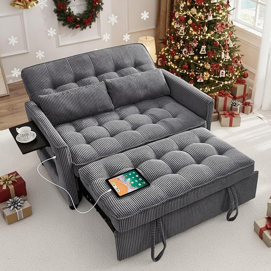 Sleeper Sofa Bed 55‘’ Convertible Pull Out Couch with Small Table| USB Port | Side Pockets | Corduroy Fabric | Adjustable Backrest for Apartment Office Bedroom Guest Room