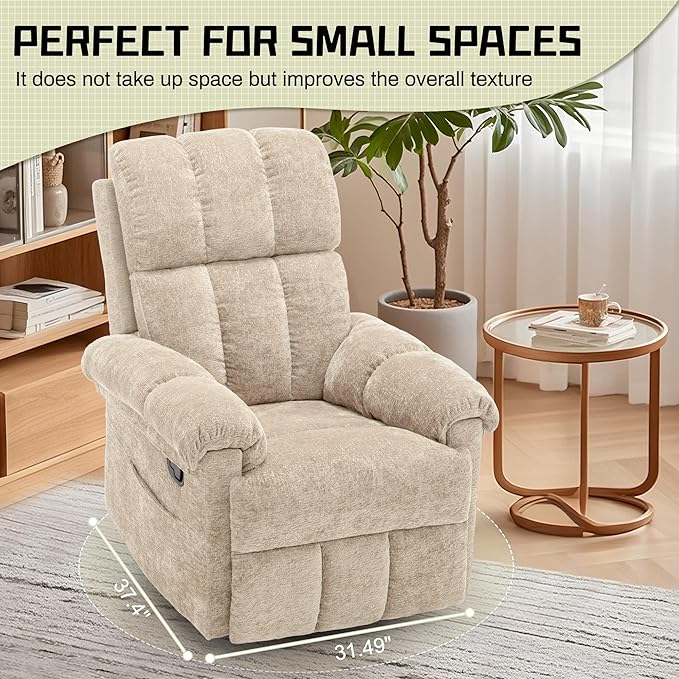Recliner Chair Swivel Rocker Recliner Chair for Adults Small Recliners for Small Spaces Manual Recliner with Side Pockets Upholstered Nursery Rocking Chair for Living Room Chenille Khaki