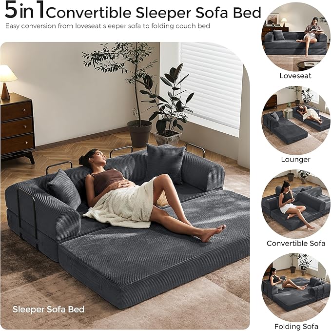 79 Floor Sofa Bed 5-in-1 Convertible Sleeper Sofa with Removable Armrests Corduroy Fabric Sofa Couch No Assembly Required for Living Room Dorm Studio (Dark Gray)