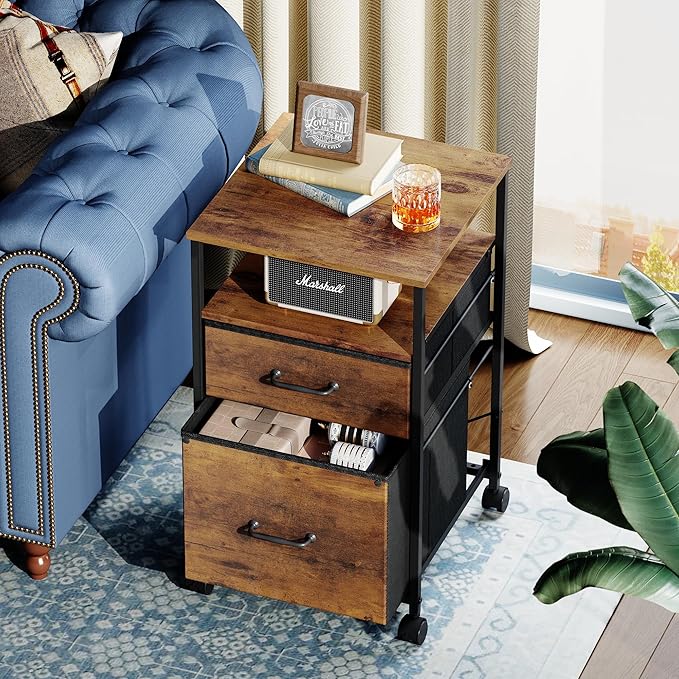 DEVAISE 2 Drawer Mobile File Cabinet Rolling Printer Stand with Open Storage Shelf Fabric Vertical Filing Cabinet fits A4 or Letter Size for Home Office Rustic Brown Wood Grain Print