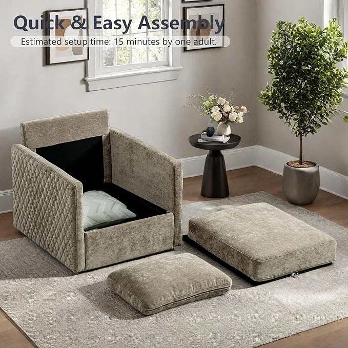 30 Square Swivel Chair with Storage Under SeatChenille Taupe Accent Chair for BedroomUpholstered ArmchairComfy Chairs for Living Room
