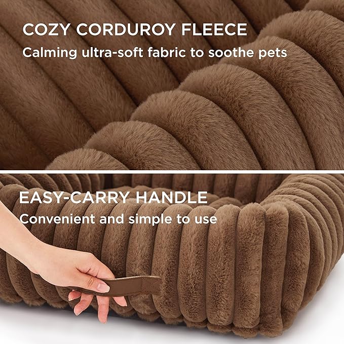 Bedsure ComfyFleece™ Cute Dog Bed for Small Dogs &amp Cats - Washable Furry Puppy Beds Rectangle Orthopedic Corduroy Fleece Pet Beds with Removable Zipper Cover 20x19x6inches Camel Brown