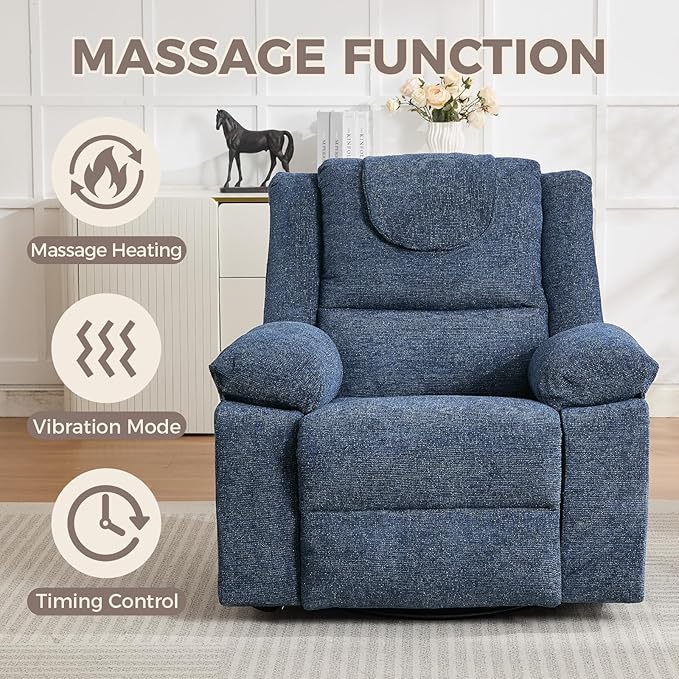 Oversized Rocker Recliner Chair for Adults 360° Swivel Glider Nursery Recliner with Vibration Massage &amp Heat Single Sofa for Living Room &amp Bedroom (Blue)