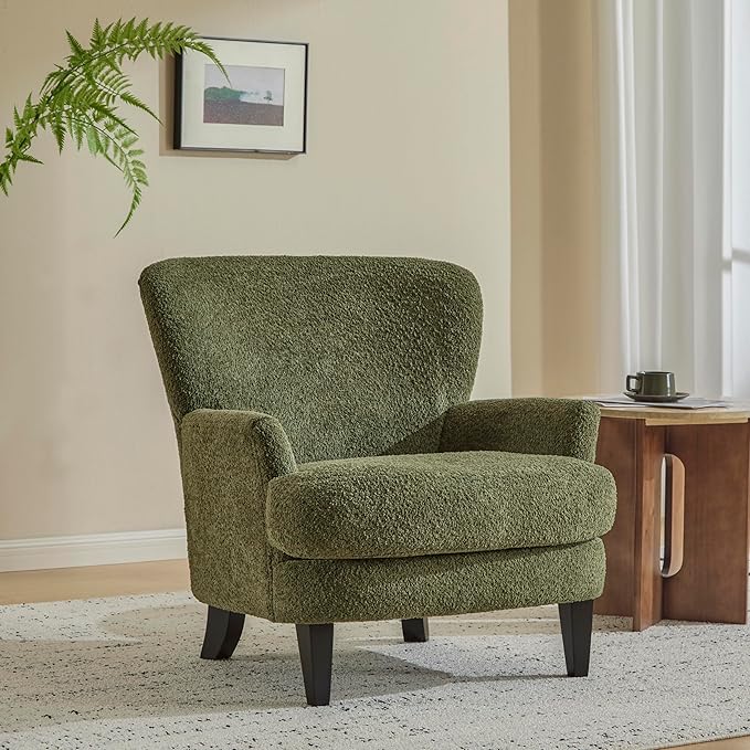 Christopher Knight Home Colby Boucle Upholstered Club Chair Living Room Accent Chair Wooden Frame Flared Armrest Plush Thick Cushion Reading Lounge Chair Space-Saving Furniture Olive Green