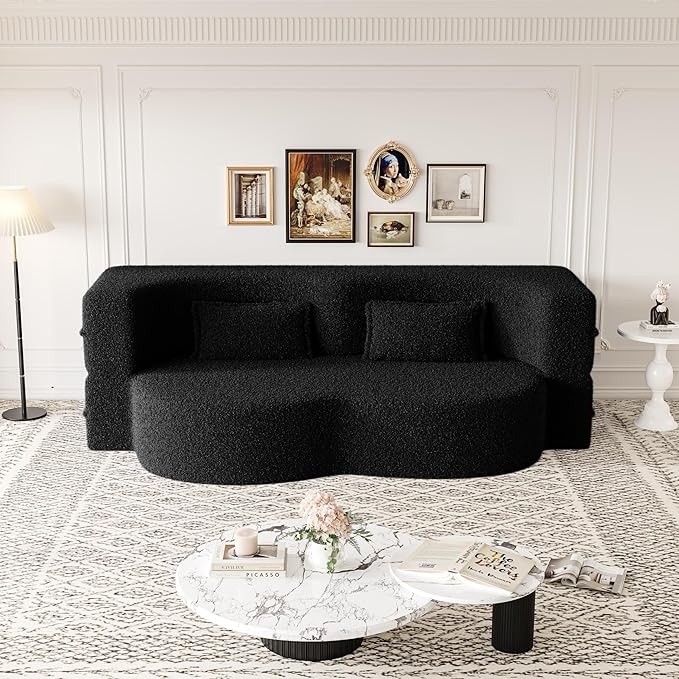 Modern Floor Sofa 78 Convertible Folding Sofa Bed with 2 Pillow Teddy Fabric Foam-Filled Mattress Sleeper for Living Room Guest Bed Playroom No Assembly Required Black