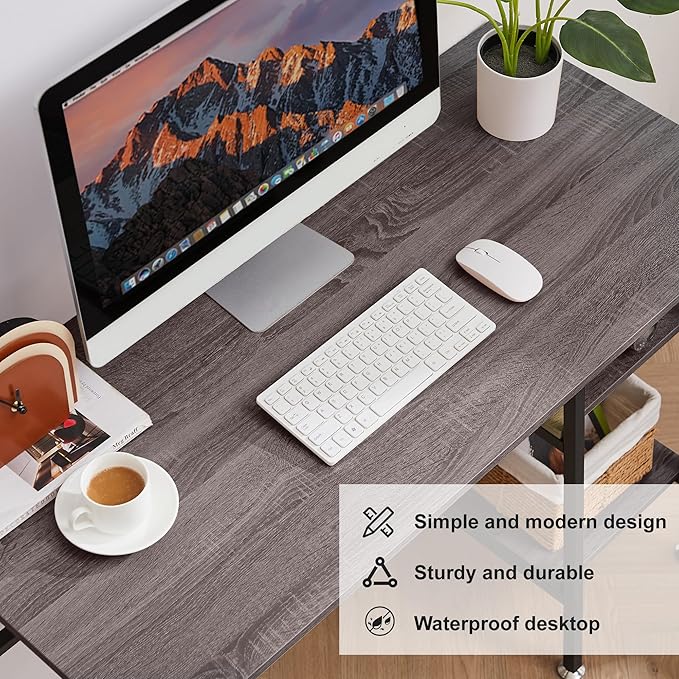 VECELO 43 Inch Computer Desk Writing Study Work Office Table Modern Desk with Shelves Wooden Desk for Home BedroomBrown Desk