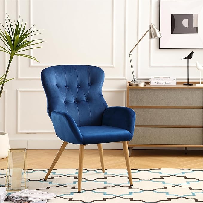 Hengming Accent Chair Modern Tufted Button Wingback Vanity Chair with Arms Upholstered Tall Back Desk Chair with Metal Legs for Living Room Bedroom Waiting Room(Blue)