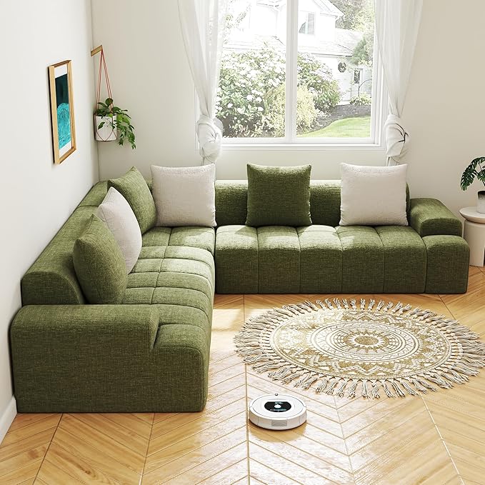 Cloud Modular Sectional Sofa Couch 108 V Shaped Chenille Fabric Memory Foam Sofa 5-Seater Couches with 6 Pillows for Living RoomApartmentGreen