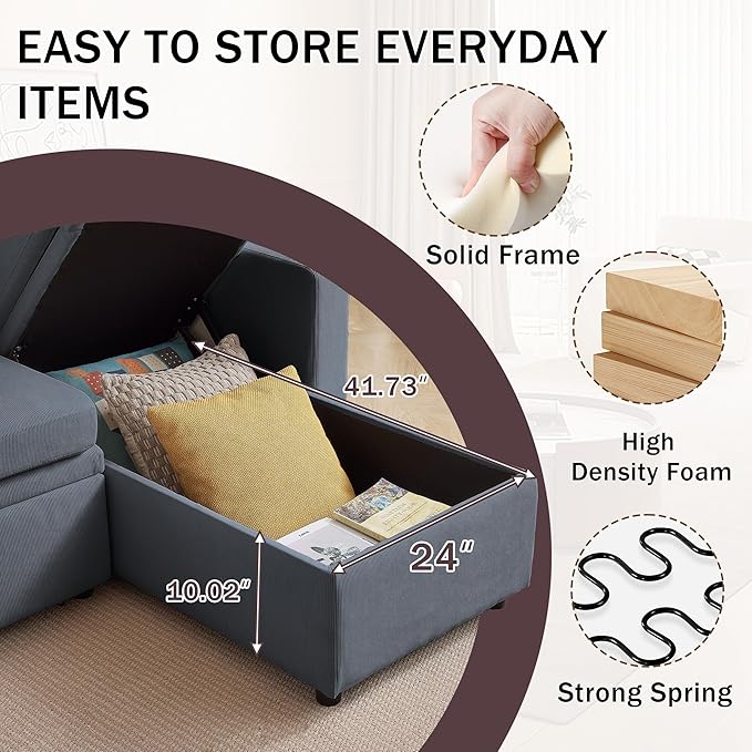 Convertible Sleeper Sofa Bed 79 Pull Out Bed L-Shape Sectional Couch with Reversible Storage Chaise Soft Cushions 3 in 1 Modern Pullout Bed for Living Room Dark Grey