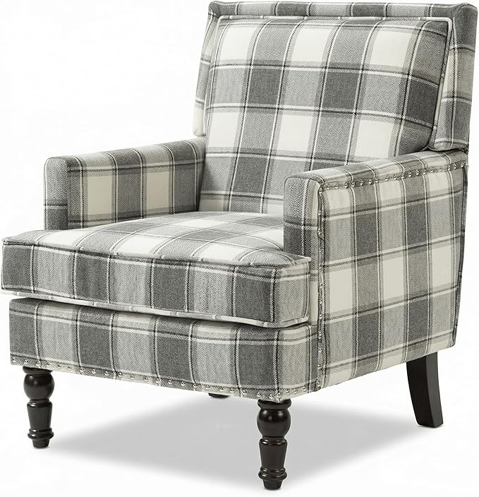 Plaid Accent Chair Mid-Century Modern Armchair Upholstered Decorative Reading Chair for Living Room Bedroom or Home Office Seating(Gery)