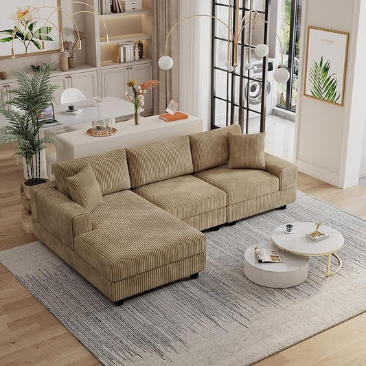ERYE L-Shaped Reversible Chaise Sectional Sofa Corduroy Upholstered Corner Tufted Sofa Couch with Reversible Chaise LoungeHeadrestsRemovable Armrests and 2 Pillows