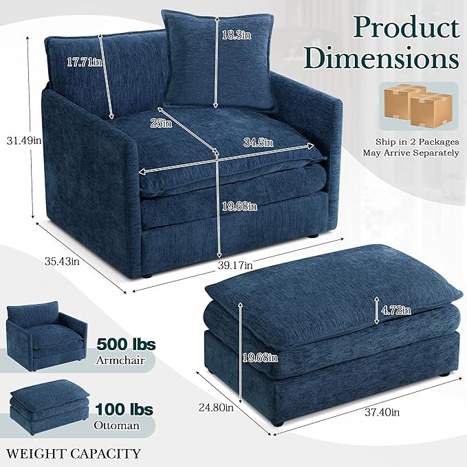 SLEERWAY Oversized Chair with Ottoman Set Modern Comfy Living Room Chenille Single Large Cloud Couch Lounge Chair Indoor for Bedroom Office Apartment Blue