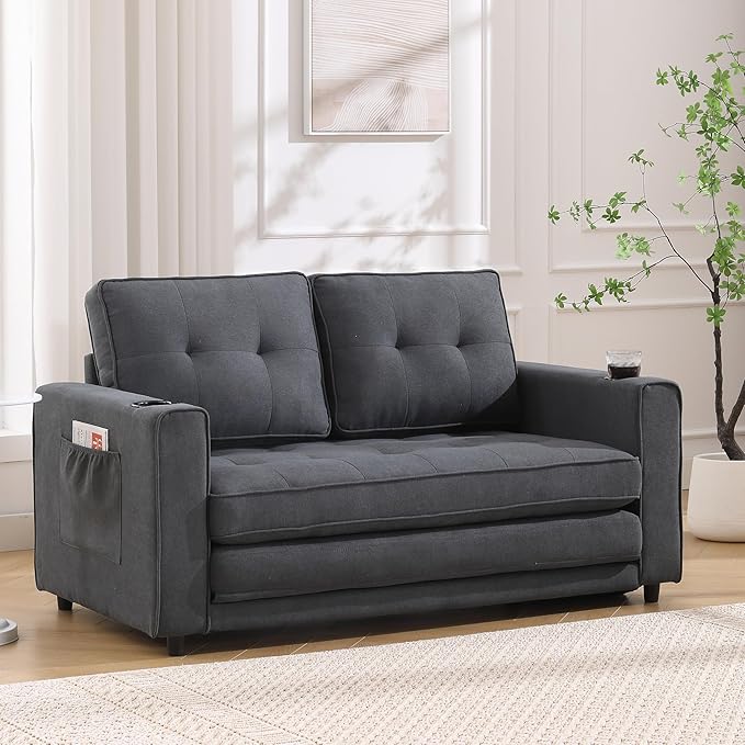 Futon Sofa Bed Convertible Folding Futon Couch Breathable Small CouchAdjustable Pull Out Chaise Lounge for Compact Living Studio in Living Room and Bedroom Offices Loveseat (Dark Gray+Holder)