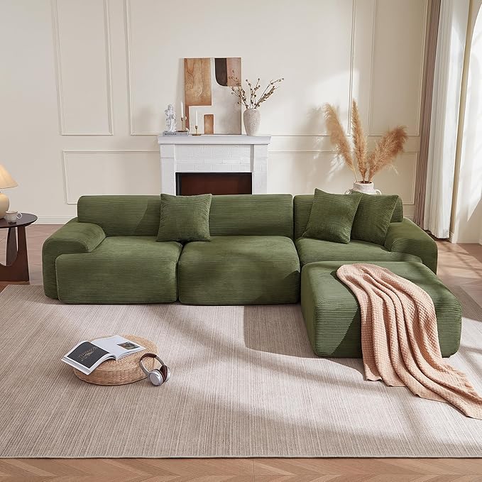 CHITA Modular L-Shaped Sectional Sofa Deep Seat Modern Comfy Couches for Living Room Oversized Boneless Sofas with Large Ottoman Corduroy Upholstery Green No Assembly Required
