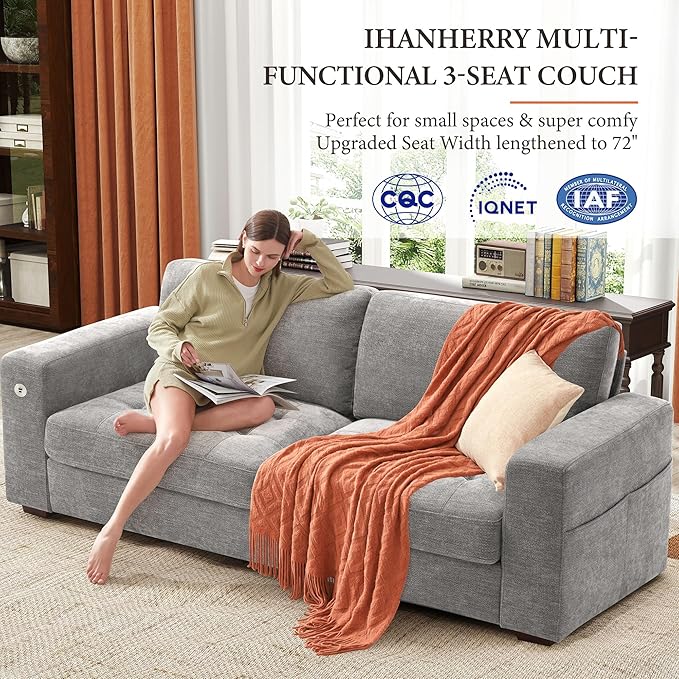 Ihanherry Modern Sofa Living Room Couch with USB/Type-C Charging Port Comfy 3-Seats Chenille Recliner Sofa for Small Space Removable Medium Firm Cushion (89inch Grey)