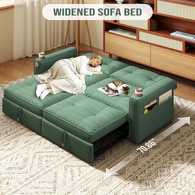 Rovibek 73.2 Convertible Sofa Bed Pull Out Couch with USB Charging Port &amp Cup Holders Adjustable Backrest Side Pockets Modern Corduroy Sleeper Sofa for Living Room Bedroom Apartment Green