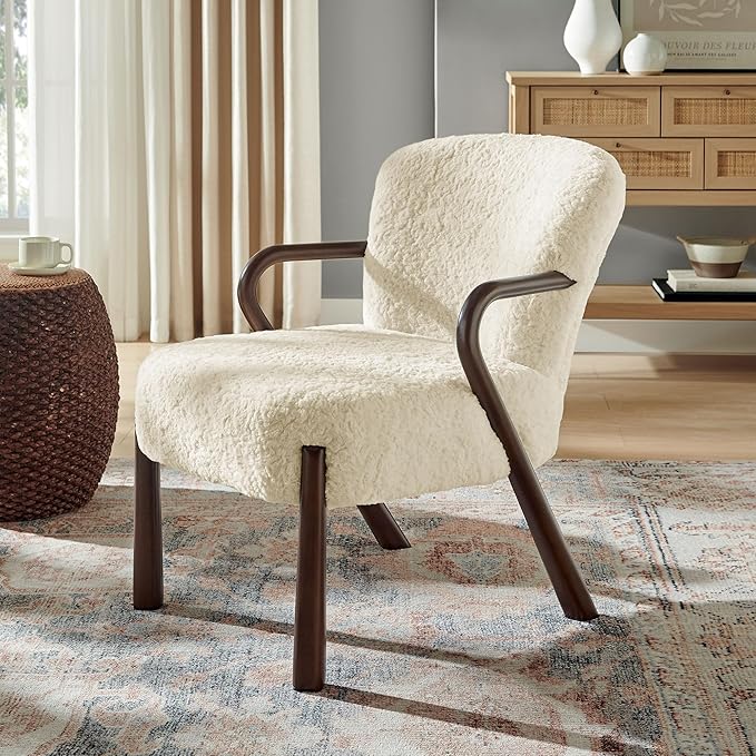 Modway Arden Faux Shearling Upholstered Accent Armchair in Ecru – Mid-Century Modern Fuzzy Lounge Chair with Curved Wood Frame