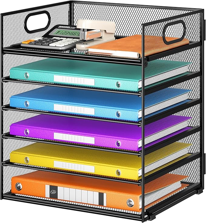 6 Tray Paper Organizer Letter Tray with Handle - Mesh Desk File Organizer Paper Sorter Organizer for Office Home or School File Folder Holder -Black