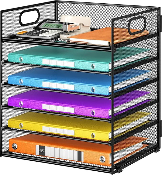 6 Tray Paper Organizer Letter Tray with Handle - Mesh Desk File Organizer Paper Sorter Organizer for Office Home or School File Folder Holder -Black