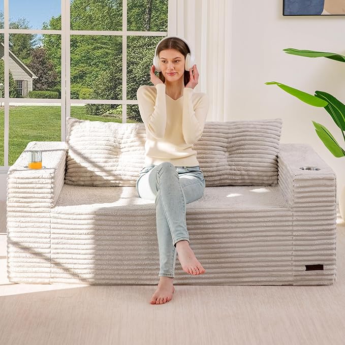 MAXYOYO 63 Boneless Loveseat Sofa Couch for Small Spaces Mini Love Seat Floor Couch with Cup Holders and Pillows 2-Seater Upholstered Cloud Couch for Bedroom Apartment No Assembly Required