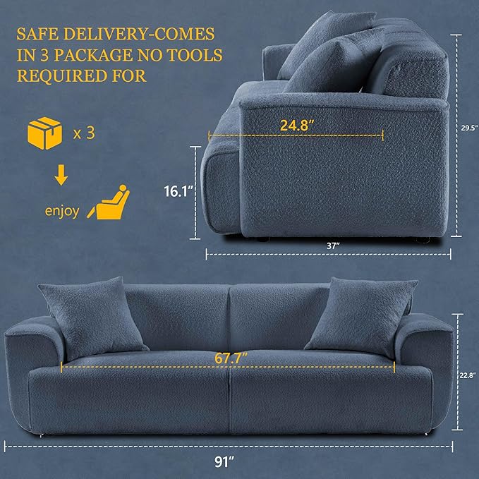 Modern 91'' Wide Cloud Couch Sofa Love Seat Couches W/Solid Frame Friendly Couch W/Boucle Couch Cozy Fabric with 2 Pillow &amp Rectangular Arm for Apartment Blue