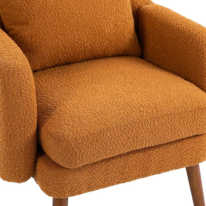 Mid Century Lounge Armchair with Boucle Fabric Solid Wood Legs and Comfortable Cushions Ideal for Bedroom and Living Room Reading and Relaxing (Orange)