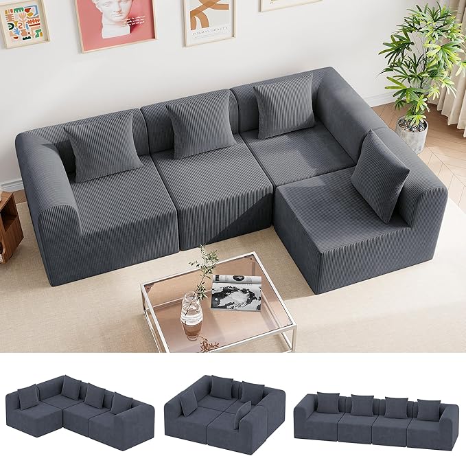 wanan 121'' Modular Sectional Couches for Living Room with Deep Seat L-Shape Cloud Sofa Couch High Density Memory Foam Boneless Upholstered Couches Easy Assembly (Dark Gray 4 Seats)