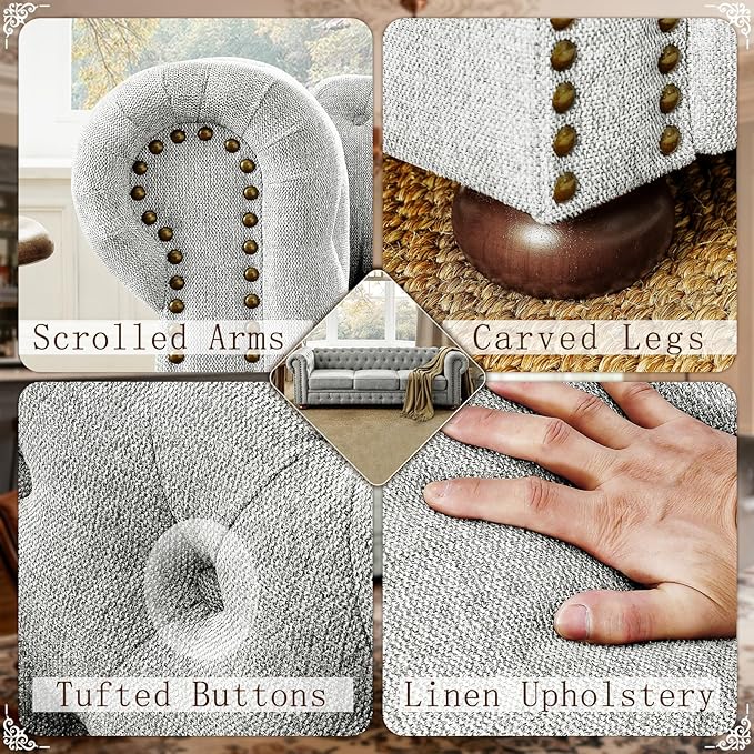 Dreamzie 89 Chesterfield Sofa Couch 3-Seater Linen Vintage Couch Mid Century Modern Sofa with Rolled Arm for Living Room Office Light Gray