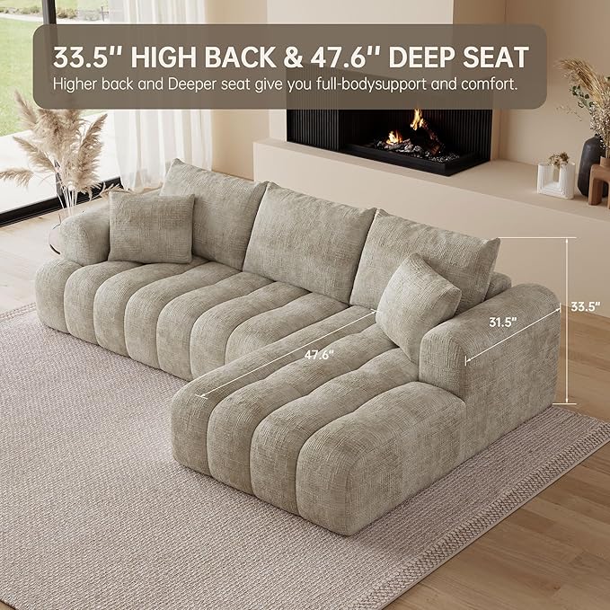 108 Cloud Sectional Couches for Living Room Boneless L-Shaped Sofa with Pillow 3 Seater Modular Sectional Sofa (Khaki)