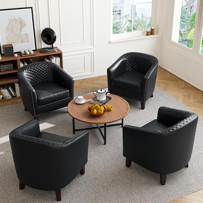 Accent Barrel Chair Upholstered Faux Leather Club Chair with Nailed Trim Comfy Reading Armchair for Living Room Bedroom Reception Room Office (Black Set of 1)