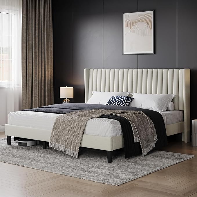 Yaheetech King Bed Frame Upholstered Platform Bed with Fabric Headboard Wing Edge Design/Non-Slip and Noise-Free/Wooden Slats Support/No Box Spring Needed/Easy Assembly Beige King Bed