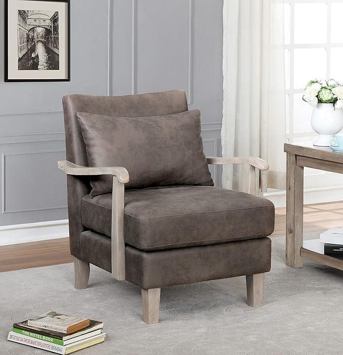 HOMES: Inside + Out Turney Upholstered Chair with Pillow Back and Wooden Arm for Living Room Bedroom Light Brown