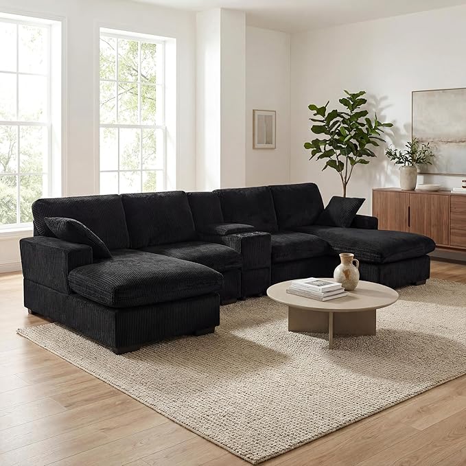 126 U Shaped Sofa Modular Sectional Sofa with Chaise Lounges Modern Couch with Storage Console USB Charging Ports &amp Cup Holders Corduoy Upholstered Deep Seat Couch for Living Room Black | st