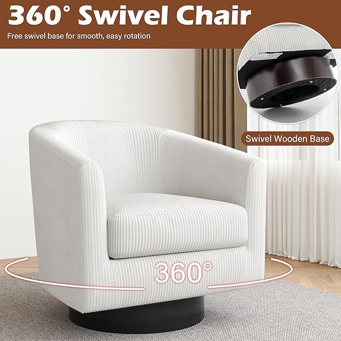 Lumibee Swivel Accent Barrel Chairs Upholstered Comfy Swivel Round Barrel Chair 360° Rotation Single Sofa Club Armchair for Living Room Reading Room Bedroom Corduroy Beige