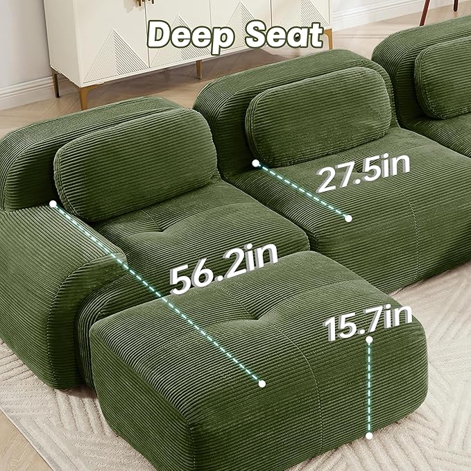 152.7 Inch U-Shaped Modular Sectional Sofa 4-Seater Cloud Couch with Deep Seat Boneless Couch with Pillows for Living Room Apartment Green