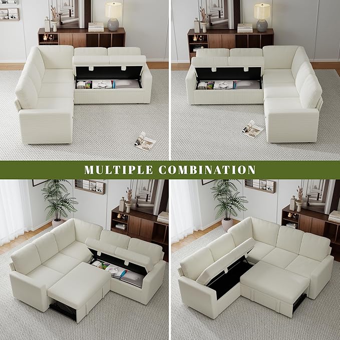 Corduroy L Shaped Sofa Set for Living Room5 Seater Modular Sectional Sofa Couch with StorageModern Corner Couch BedConvertibe Pullout Sleeper Sofas for Bedroom (Corduroy Beige 5 Seater)