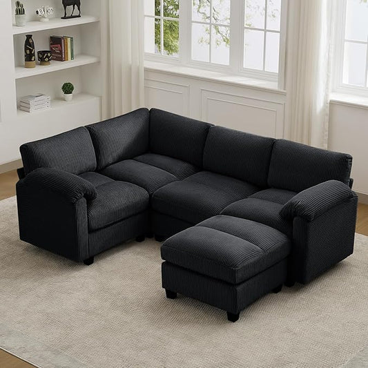 87'' U-Shaped Sectional Sofa with Ottoman 5-Seater Modular Couches for Living Room Corduroy Deep Seat Cloud Sofa with Center Stitched Black