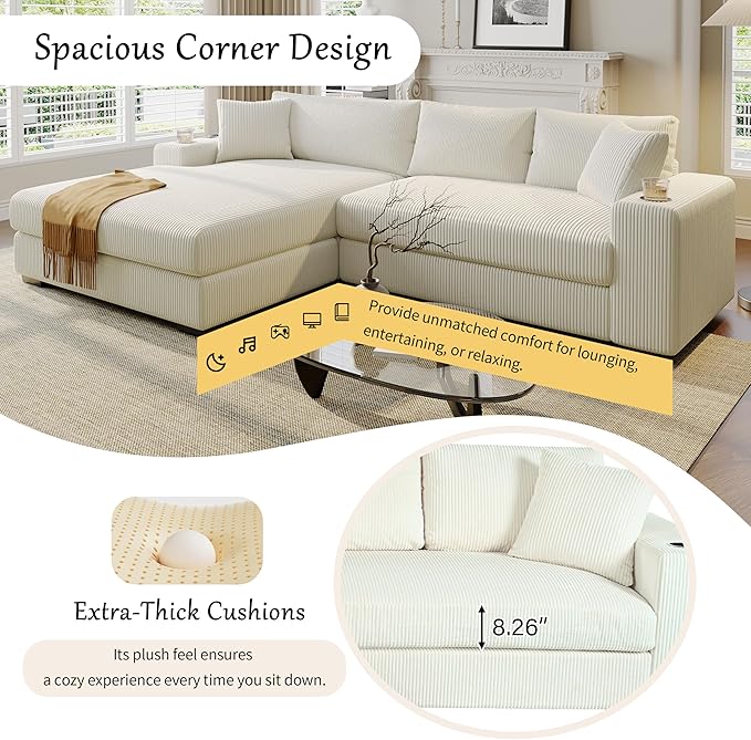 Ball &amp Cast Oversized L-Shaped Sectional Sofa with ChaiseLarge Comfy Upholstered Couch W/Thick CushionBuilt-in Cup Holders &amp Charging PortsWide &amp Thick Armrests &amp Seat Designfor Li