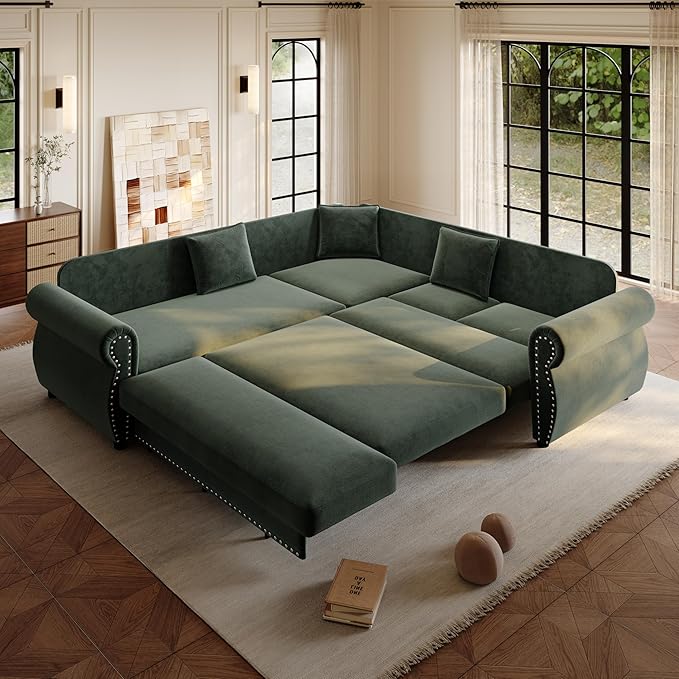 88.2'' Pull Out Couch Convertible Sleeper Sofa Bed Upholstered Sectional Sofa Chenille L-Shaped Couch with Nailhead Trim 4-Seater Modern Sectional Couches for Living Room ApartmentGreen