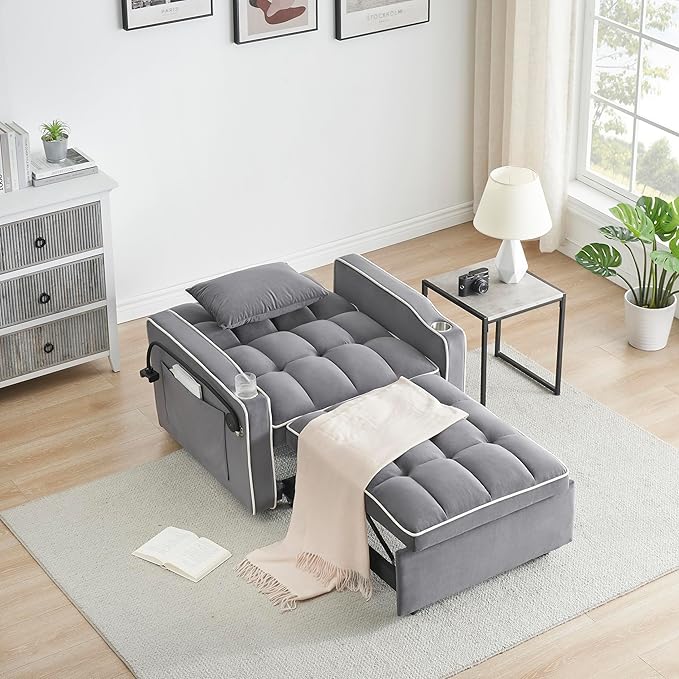 3-in-1 Convertible Sleeper Sofa Bed Chair with Cup Holders &amp Phone Holder Futon Chair Bed with Pull Out Couch Adjustable Backrest Modern Velvet Chaise Lounge for Living Room Bedroom (Grey 35.43