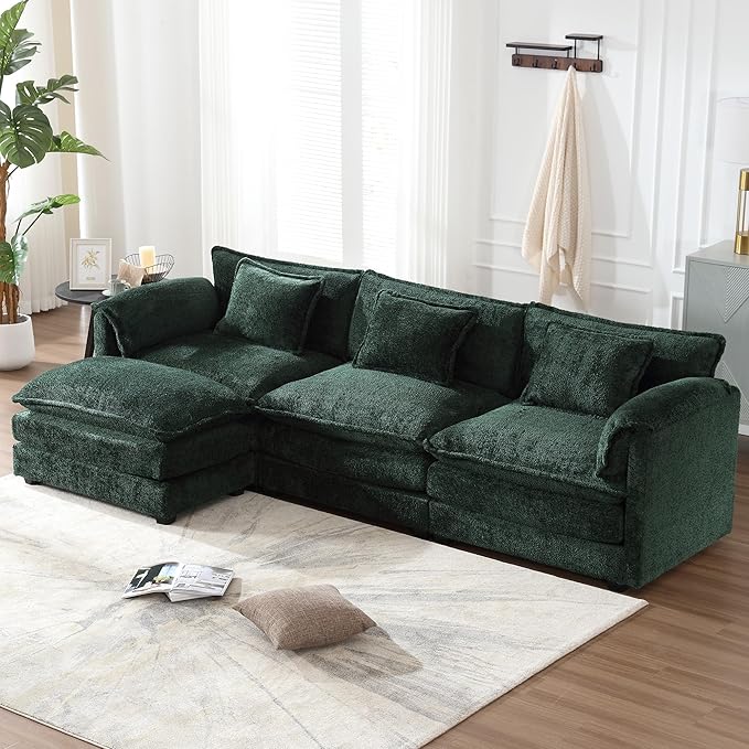 Modular Sectional Sofa Cloud Couch 112 L-Shape Sofa Chenille Comfy Upholstered with Removeable Ottoman and 3 Pillows for Living Room Emerald