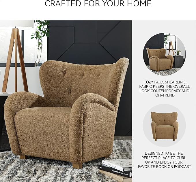Signature Design by Ashley Larbell Contemporary Faux Shearling Tufted Upholstered Accent Chair with Wingback Light Brown